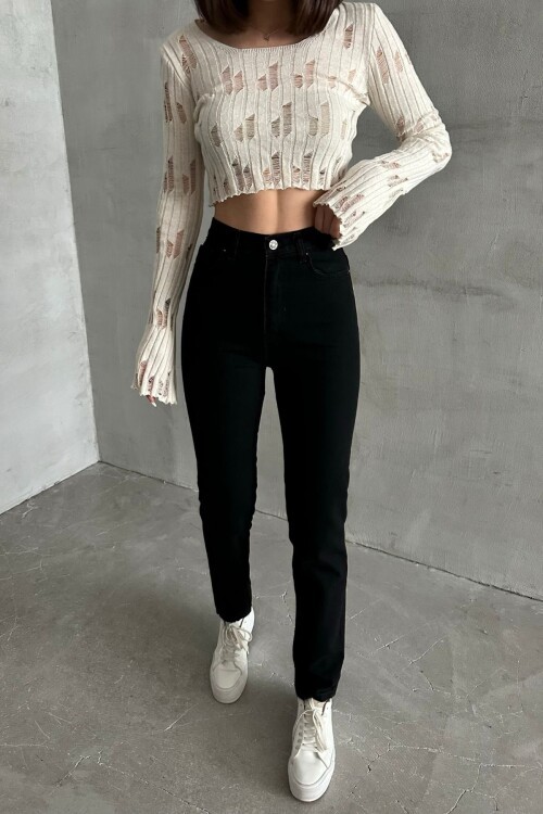 Kadın JeansVibe Mom Fit Yüksek Bel Dar Paça Siyah Kot Pantolon