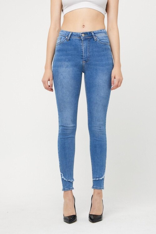 Kadın Jeanvibe Yüksek Bel Dar Paça Klasik Mavi Kot Pantolon