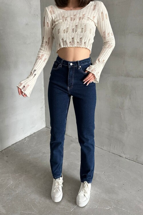 Kadın Jeanvibe Yüksek Bel Dar Paça Mom Fit Lacivert Kot Pantolon
