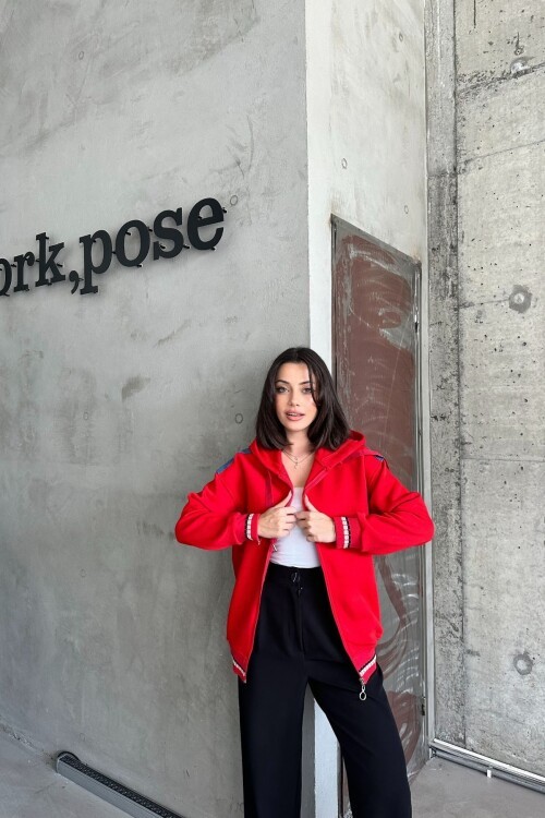 Kadın Kapşonlu Fermuarlı Kot Garnili Relax Fit Kırmızı Cepli Sweatshirt