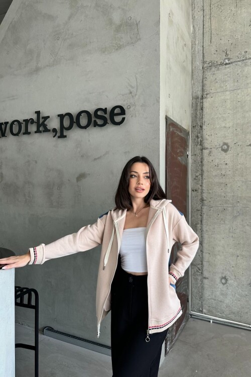 Kadın Kapşonlu Fermuarlı Kot Garnili Relax Fit Krem Cepli Sweatshirt