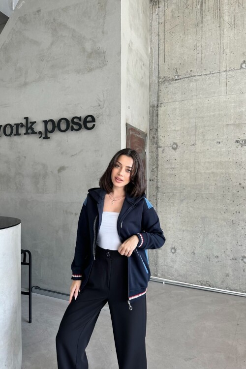 Kadın Kapşonlu Fermuarlı Kot Garnili Relax Fit Siyah Cepli Sweatshirt