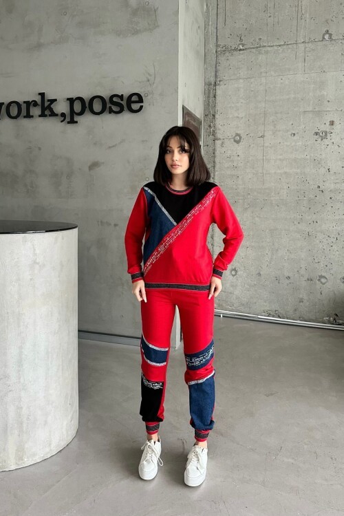 Kadın Kot Garnili Sportif Kırmızı Alt-üst Uzun Kollu Eşofman Takımı