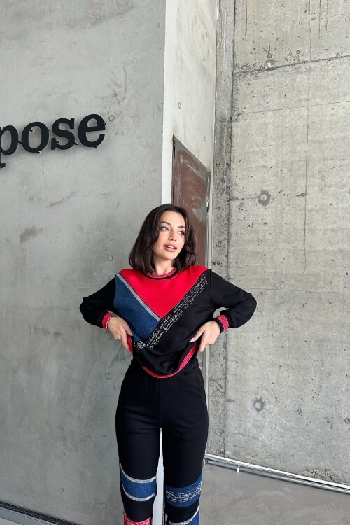 Kadın Kot Garnili Sportif Siyah Alt-üst Uzun Kollu Eşofman Takımı