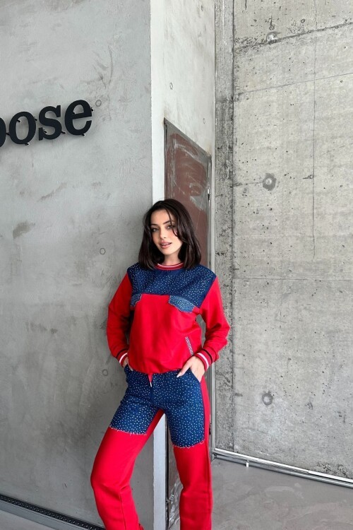 Kadın Kot Garnili Sportif Taş Işlemeli Alt-üst Kırmızı Eşofman Takımı