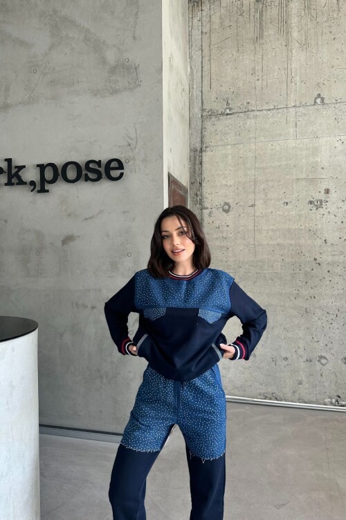 Kadın Kot Garnili Sportif Taş Işlemeli Alt-üst Lacivert Eşofman Takımı