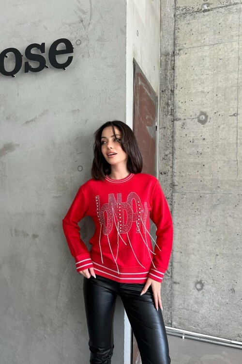 Kadın Minimalist Taşlı London Baskılı Relak Fit Kırmızı Sweatshirt
