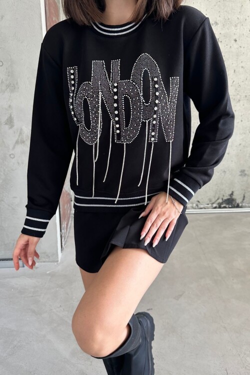 Kadın Minimalist Taşlı London Baskılı Relak Fit Siyah Sweatshirt