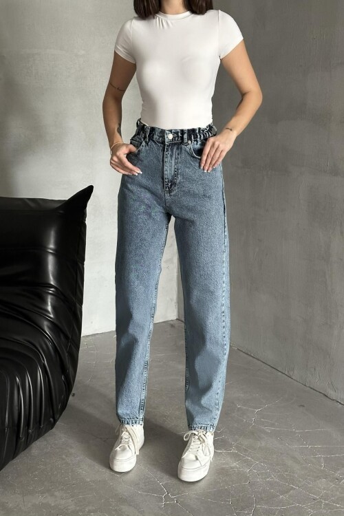 Kadın Mom Bol Paça Lastikli Bel Jogger Mavi Kot Pantolon