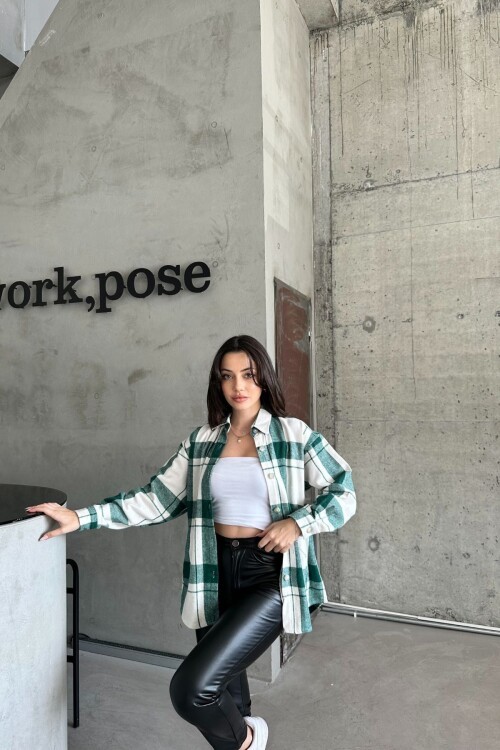 Kadın Pamuklu Tesettür Giyim Kareli Yeşil Oduncu Gömlek