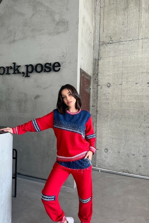 Kadın Rahat Kesim Sportif Taş Işlemeli Alt-üst Kırmızı Eşofman Takımı