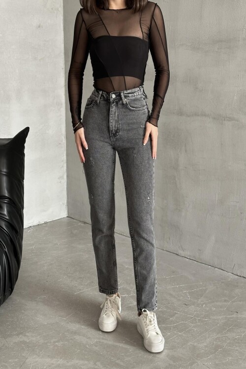 Kadın Yıpratmalı Lastikli Bel Bol Paça Mom Füme Kot Pantolon