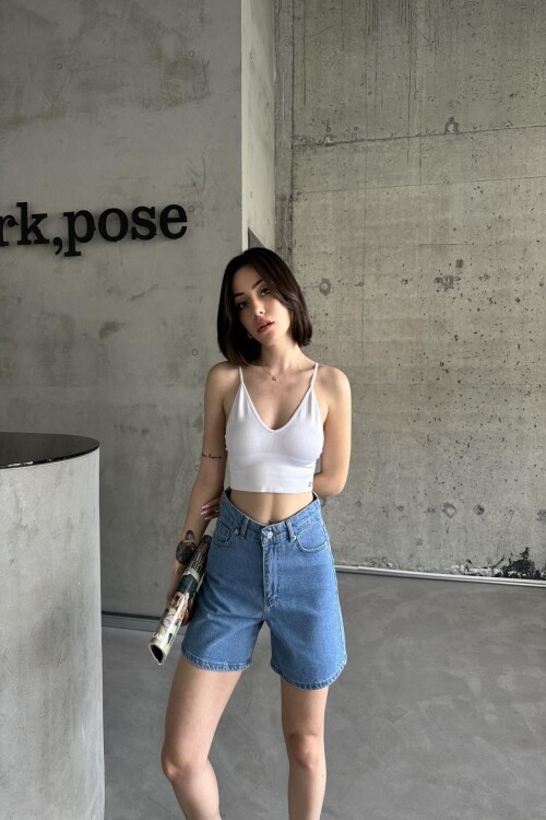 Kadın Yüksek Bel 5 Cep Pamuklu Kısa Mini Mavi Kot Şort