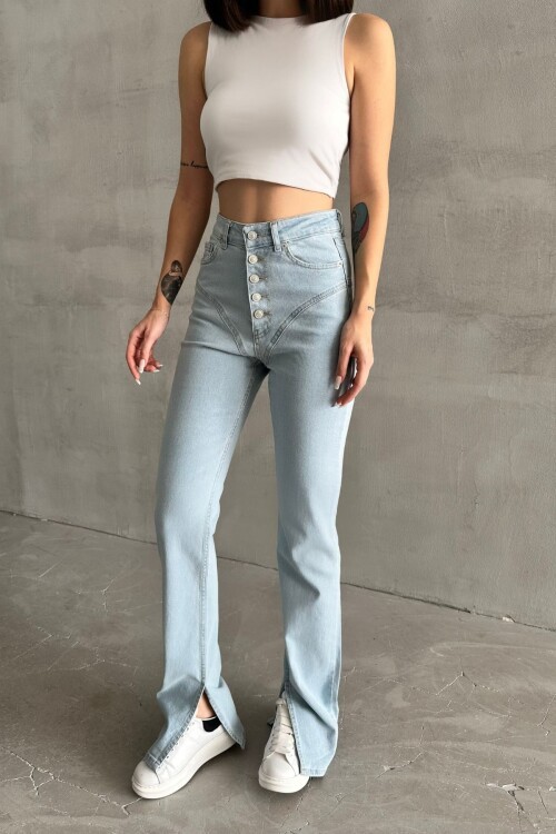 Kadın Yüksek Bel Bol İspanyol Paça Esnek Buz Mavi Kot Pantolon