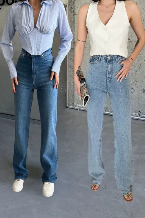 Kadın Yüksek Bel Bol Paça Palazzo Buz Mavi-Mavi Kot Pantolon