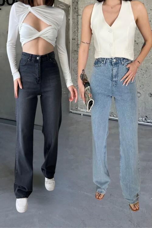 Kadın Yüksek Bel Bol Paça Palazzo Buz Mavi-Siyah Kot Pantolon