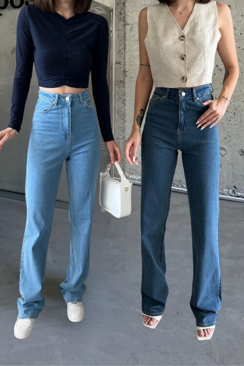 Kadın Yüksek Bel Bol Paça Palazzo Kot Pantolon Lacivert