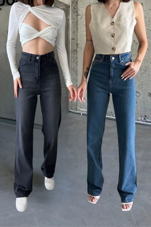 Kadın Yüksek Bel Bol Paça Palazzo Koyu Mavi-Siyah Kot Pantolon