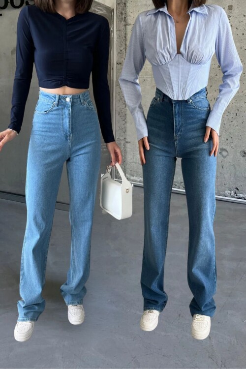 Kadın Yüksek Bel Bol Paça Palazzo Mavi-Açık Mavi Kot Pantolon