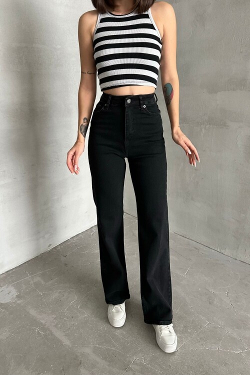 Kadın Yüksek Bel Esnek Bol Paça Palazzo Siyah Kot Pantolon