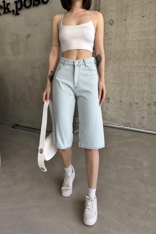 Kadın Yüksek Bel Midi Diz Boy Cepli Buz Mavi Kot Şort